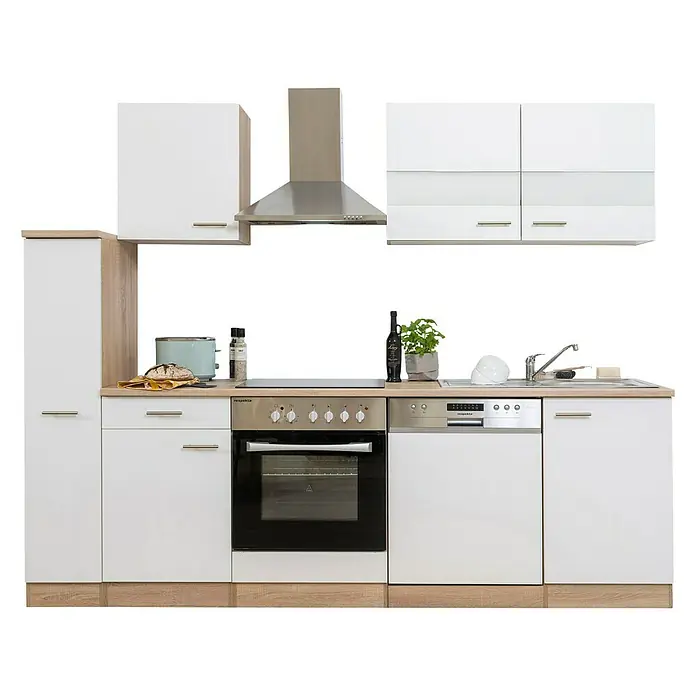 Respekta Singleküche Merle Typ 1 - Breite: 250 cm, Weiß, Mit Elektrogeräten, Volumen Backofen: 72 l - Küchenzeile mit weißen Schränken, Dunstabzugshaube und Einbaugeräten für eine moderne Kücheneinrichtung.