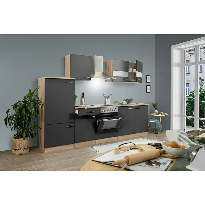 Respekta Singleküche Merle Typ 1 - Breite: 270 cm, Grau, Mit Elektrogeräten, Volumen Backofen: 72 l - Moderne Küche in Grau und Holzoptik. Die Küche verfügt über Schränke, Schubladen, einen Herd und Backofen.