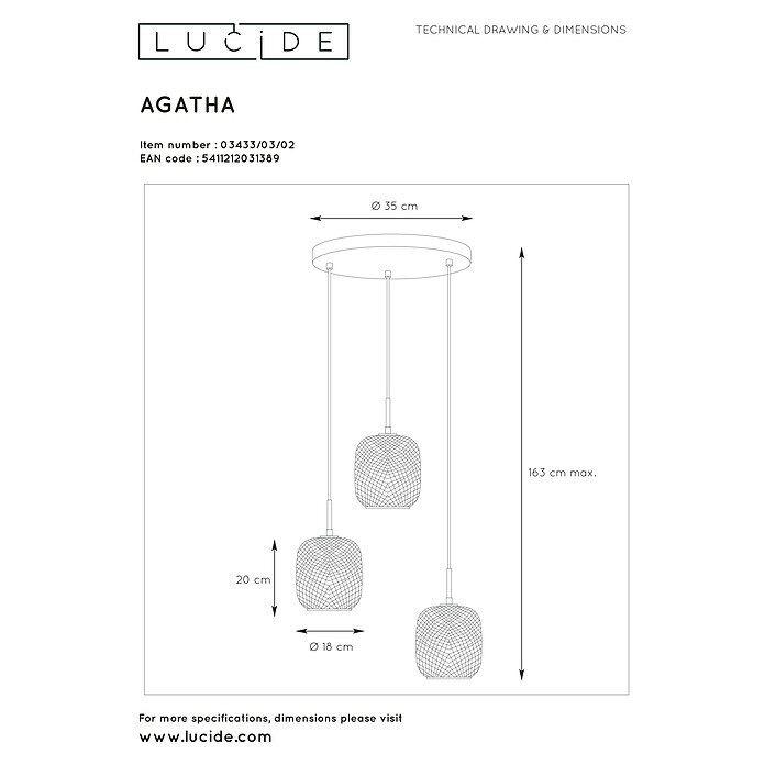 Lucide Pendelleuchte Agatha (120 W, L x B x H: 35 x 35 x 163 cm, Gold, E27) | BAUHAUS