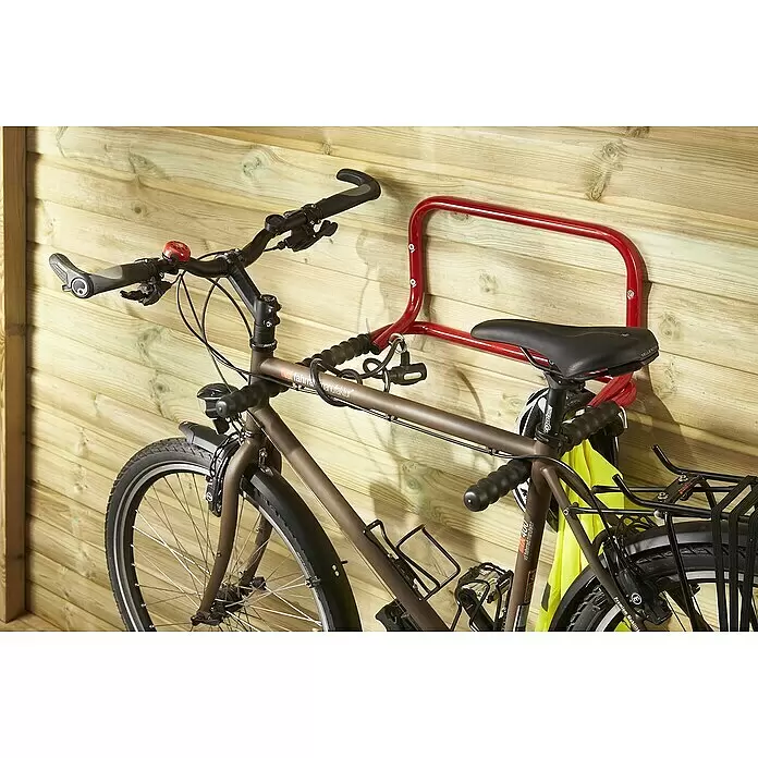 Fahrradhalterung B053QRA - Geeignet für: 2 Fahrräder, Belastbarkeit: 30 kg - Rote Metall-Fahrradwandhalterung mit braunem Fahrrad an Holzwand.