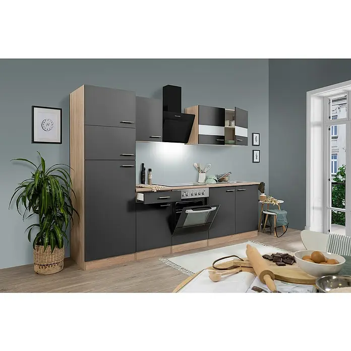 Respekta Singleküche Merle Typ 2 - Breite: 270 cm, Grau, Mit Elektrogeräten - Moderne Küche in Grau und Holzoptik mit Elektrogeräten und Dekorationen, die eine einladende Atmosphäre zum Kochen und Backen schafft.