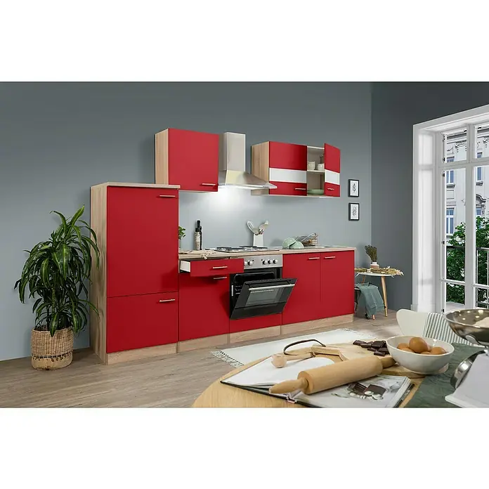 Respekta Singleküche Merle Typ 1 - Breite: 270 cm, Rot, Mit Elektrogeräten, 58 l - Rote Küche mit modernen Schränken und Geräten, die ein stilvolles und funktionales Design für kulinarische Erlebnisse bietet.