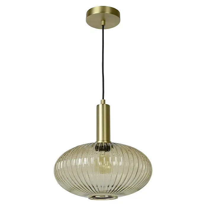 Lucide Pendelleuchte Maloto - 40 W, Amber, E27 - Elegante Hängelampe mit einem goldfarbenen Baldachin und einem geriffelten Glasschirm, die eine warme und einladende Atmosphäre schafft.