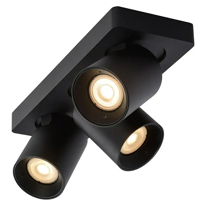 Lucide Deckenstrahler Nigel - 15 W, L x B x H: 30 x 10 x 11,5 cm, Schwarz, GU10 - Nahaufnahme einer schwarzen Deckenleuchte mit drei Strahlern, die warmes Licht abgeben und eine moderne Ästhetik bieten.