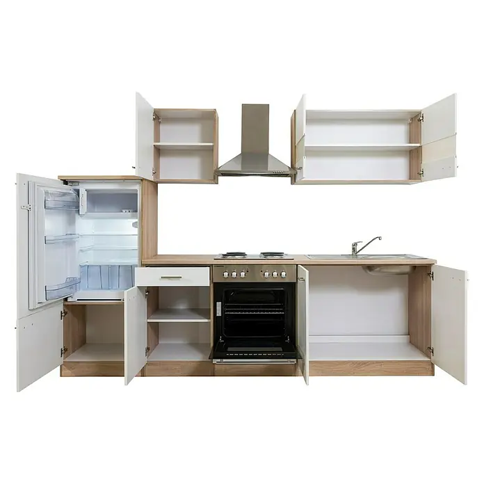 Respekta Küchenleerblock Merle - Breite: 270 cm, Weiß, Ohne Elektrogeräte - Bild eines Küchenschranks mit Herd, Spüle und Kühlschrank, alles in einem modernen Design.