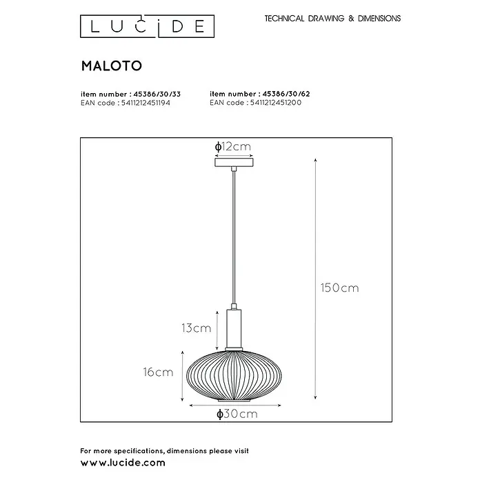 Lucide Pendelleuchte Maloto - 40 W, Amber, E27 - Technische Zeichnung der Lucide Maloto Pendelleuchte mit Abmessungen. Durchmesser von 30 cm, Höhe von 16 cm und einer Abhängelänge von 150 cm.
