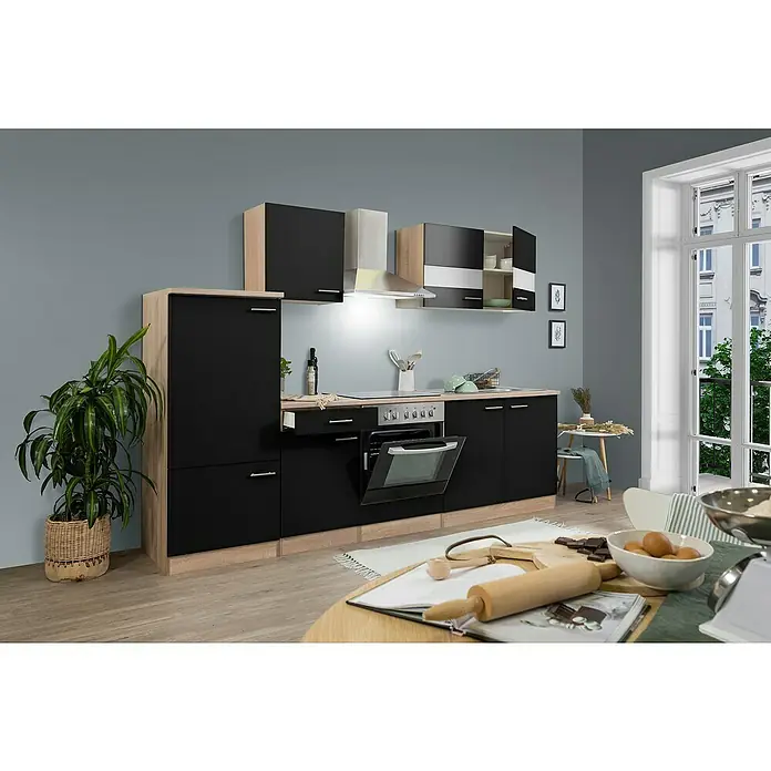Respekta Singleküche Merle Typ 1 - Breite: 270 cm, Schwarz, Mit Elektrogeräten, Volumen Backofen: 72 l - Moderne Küche in Schwarz und Holzoptik mit Fokus auf Funktionalität und stilvollem Design, inklusive Elektrogeräten und Kochutensilien.