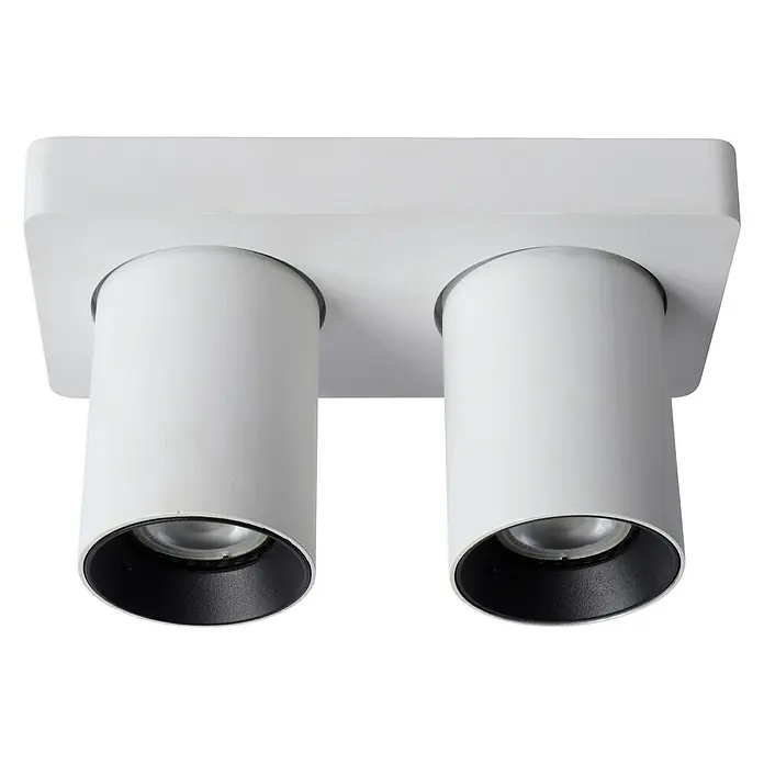 Lucide Deckenstrahler Nigel - 10 W, L x B x H: 20 x 10 x 11,5 cm, Weiß, GU10 - Nahaufnahme einer weißen Doppelstrahler-Deckenleuchte mit zylindrischen Lampen und schwarzem Innenleben vor schwarzem Hintergrund.