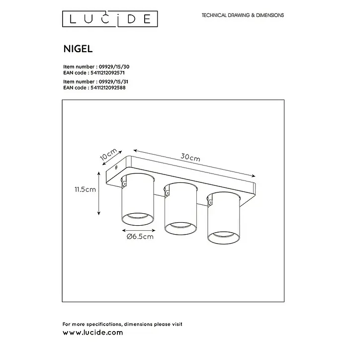 Lucide Deckenstrahler Nigel - 15 W, L x B x H: 30 x 10 x 11,5 cm, Schwarz, GU10 - Technische Zeichnung der Lucide Nigel Deckenleuchte mit drei Strahlern und Maßangaben.
