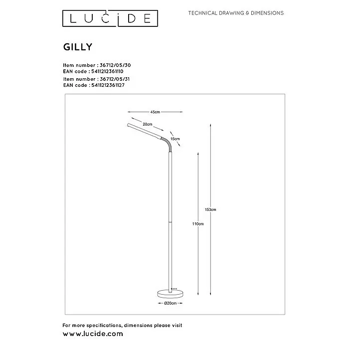 Lucide LED-Stehleuchte Gilly5 W, Höhe: 153 cm, Weiß, Warmweiß