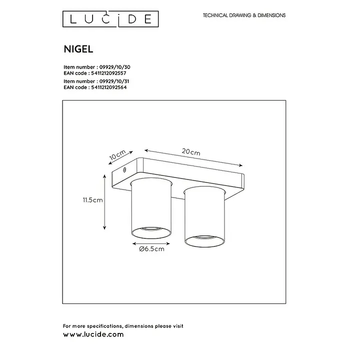 Lucide Deckenstrahler Nigel - 10 W, L x B x H: 20 x 10 x 11,5 cm, Schwarz, GU10 - Technische Zeichnung der Lucide Nigel Deckenleuchte mit Abmessungen, ideal für präzise Planung und Installation.