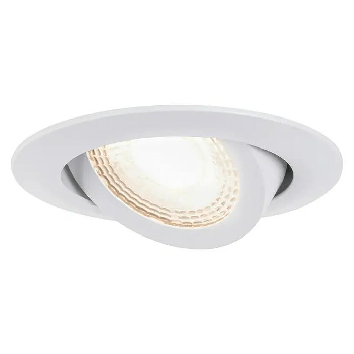 Paulmann LED-Einbauleuchten-Set - 6 W, Weiß, 3 Stk., Warmweiß, 8,2 cm - Das Bild zeigt einen runden, schwenkbaren LED-Einbaustrahler in Weiß, der ein warmes, diffuses Licht ausstrahlt und eine moderne Beleuchtungslösung darstellt.