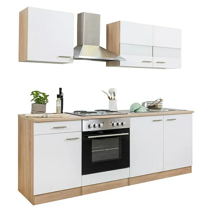 Respekta Singleküche Merle Typ 1 - Breite: 210 cm, Weiß, Mit Elektrogeräten, Volumen Backofen: 60 l - Kompakte Einbauküche mit weißen Fronten, Holzarbeitsplatte und Dunstabzugshaube. Die Küche bietet Stauraum und Kochmöglichkeiten.