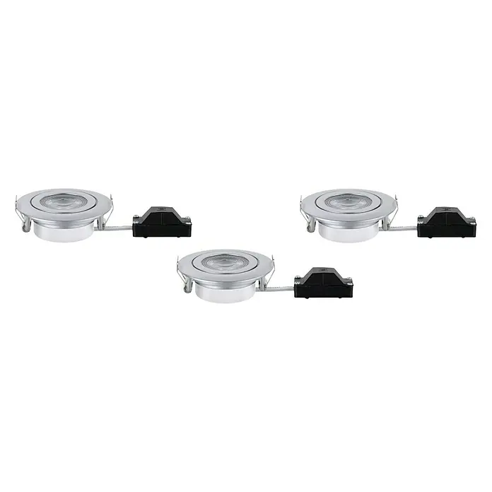 Paulmann LED-Einbauleuchten-Set - 6 W, Chrom, 3 Stk., Warmweiß, 8,2 cm - Nahaufnahme von drei LED-Einbaustrahlern mit silbernem Gehäuse und schwarzem Anschlusskasten vor schwarzem Hintergrund.