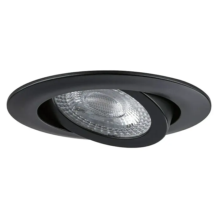 Paulmann LED-Einbauleuchte 3er-Set - 4,8 W, Schwarz, Warmweiß - Nahaufnahme einer schwarzen, versenkten Deckenleuchte mit verstellbarem Strahler und klarem, facettiertem Leuchtmittel.