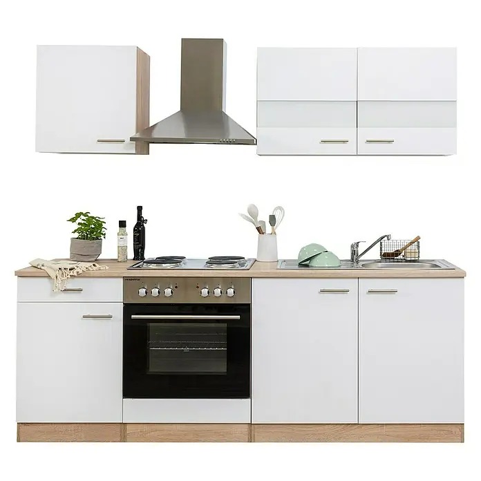 Respekta Singleküche Merle Typ 1 - Breite: 210 cm, Weiß, Mit Elektrogeräten, Volumen Backofen: 60 l - Küchenzeile mit weißen Schränken, Herd, Spüle und Dunstabzugshaube für eine komplette Küchenausstattung.