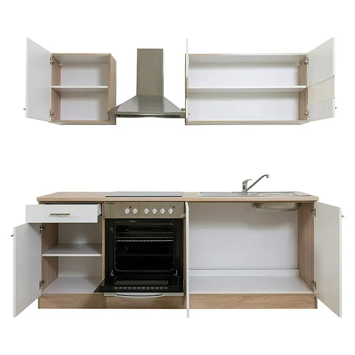 Respekta Singleküche Merle Typ 2 - Breite: 210 cm, Weiß, Mit Elektrogeräten, Volumen Backofen: 72 l - Küchenzeile mit Spüle, Herd und Ofen sowie Hängeschränken in Weiß und Holzoptik. Praktische Komplettlösung für kleine Räume.