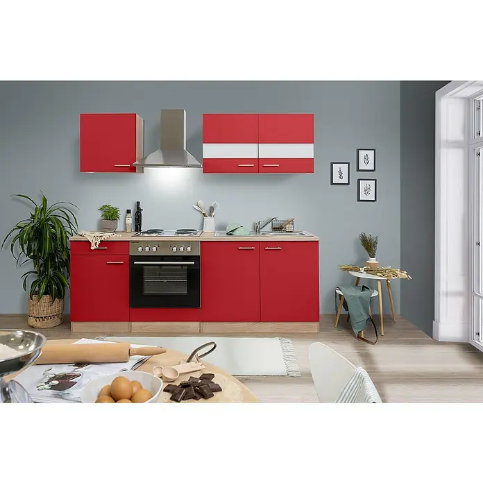 Respekta Singleküche Merle Typ 1 - Breite: 210 cm, Rot, Mit Elektrogeräten, Volumen Backofen: 60 l - Helle Küche mit roten Schränken, Edelstahlgeräten und Holzakzenten, die eine moderne und einladende Atmosphäre schafft.