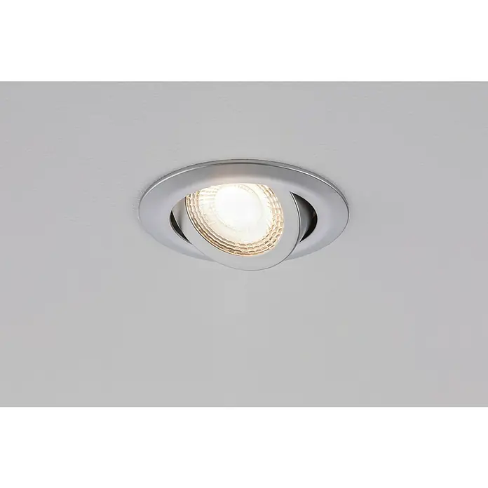 Paulmann LED-Einbauleuchten-Set - 6 W, Chrom, 3 Stk., Warmweiß, 8,2 cm - Nahaufnahme einer modernen, runden Einbaulampe mit einem hellen Leuchtmittel, eingebettet in eine glatte, weiße Decke.