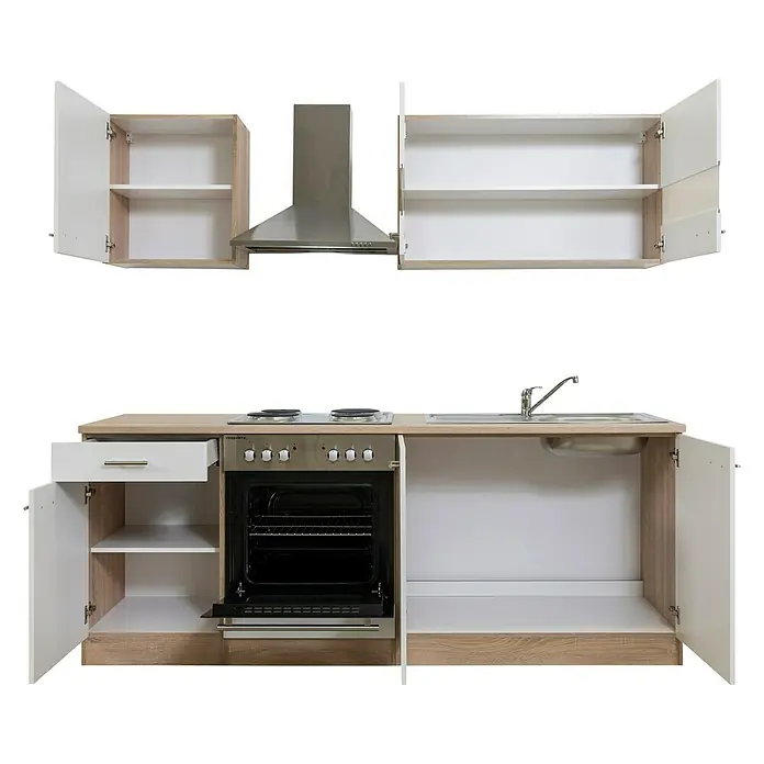 Respekta Singleküche Merle Typ 1 - Breite: 210 cm, Weiß, Mit Elektrogeräten, Volumen Backofen: 60 l - Küchenzeile mit Spüle, Herd, Dunstabzugshaube, Schublade, Ofen und Stauraum. Die Fronten sind in Weiß und Holz gehalten.