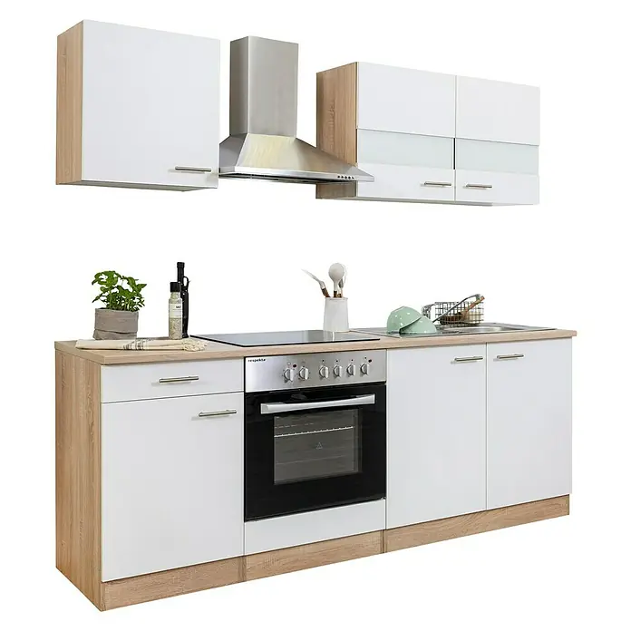 Respekta Singleküche Merle Typ 2 - Breite: 210 cm, Weiß, Mit Elektrogeräten, Volumen Backofen: 72 l - Moderne Küchenzeile mit weißen Schränken, hellbrauner Arbeitsplatte und Edelstahl-Dunstabzugshaube für ein stilvolles Küchendesign.