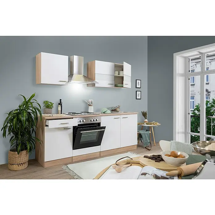 Respekta Singleküche Merle Typ 1 - Breite: 210 cm, Weiß, Mit Elektrogeräten, Volumen Backofen: 60 l - Küchen-Interieur mit weißen Schränken und Arbeitsflächen in Holzoptik. Moderner Look für Kochbegeisterte mit viel Stauraum und Geräteintegration.