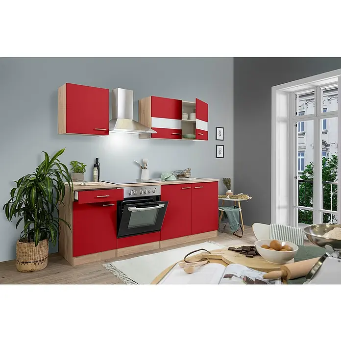 Respekta Singleküche Merle Typ 1 - Breite: 210 cm, Rot, Mit Elektrogeräten, Volumen Backofen: 72 l - Moderne Küche mit roten Fronten und Holzelementen, Dunstabzugshaube und Fenster für natürliches Licht.