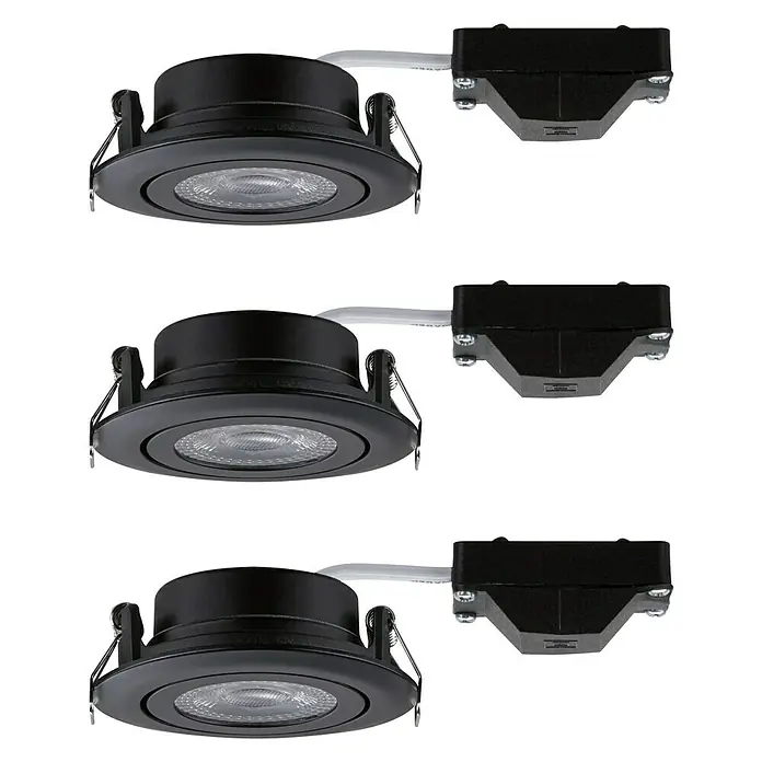Paulmann LED-Einbauleuchte 3er-Set - 4,8 W, Schwarz, Warmweiß - Das Bild zeigt drei LED-Einbaustrahler in Schwarz mit passenden Anschlussdosen, ideal für moderne Innenräume.