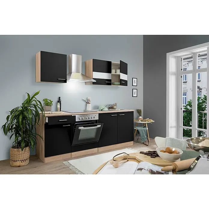 Respekta Singleküche Merle Typ 1 - Breite: 210 cm, Schwarz, Mit Elektrogeräten, Volumen Backofen: 72 l - Das moderne Küchendesign mit schwarzen Schränken, hellen Holzakzenten und Edelstahlgeräten bietet eine stilvolle und funktionale Kochumgebung.