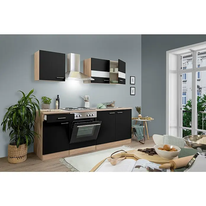 Respekta Singleküche Merle Typ 1 - Breite: 210 cm, Schwarz, Mit Elektrogeräten, Volumen Backofen: 60 l - Eine moderne Küche mit schwarzen Schränken und hellem Holzdekor bietet Stauraum und Kochgelegenheit. Die Arbeitsfläche ist ideal zum Backen.