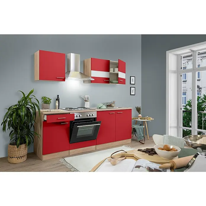 Respekta Singleküche Merle Typ 1 - Breite: 210 cm, Rot, Mit Elektrogeräten, Volumen Backofen: 60 l - Küchenansicht mit modernen roten Schränken und einer Dunstabzugshaube. Die Küche ist gut beleuchtet und wirkt einladend.