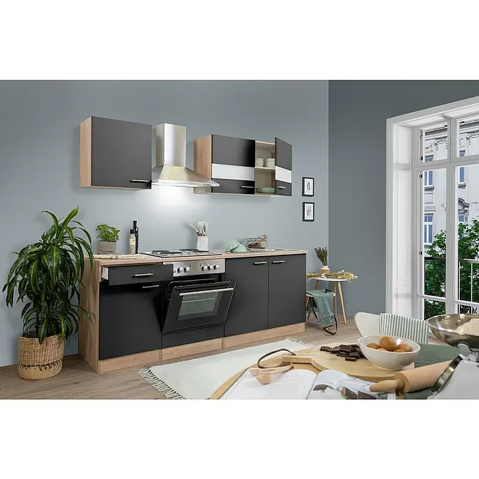Respekta Singleküche Merle Typ 1 - Breite: 210 cm, Grau, Mit Elektrogeräten, Volumen Backofen: 60 l - Diese moderne Küche in Grau und Holzoptik mit Hängeschränken und eingebauten Geräten bietet ein stilvolles Kocherlebnis.