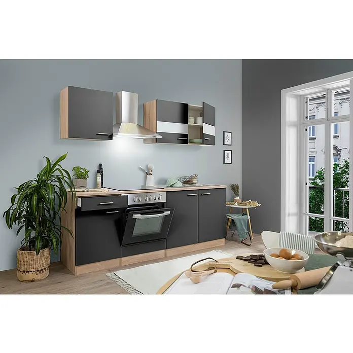 Respekta Singleküche Merle Typ 1 - Breite: 210 cm, Grau, Mit Elektrogeräten, Volumen Backofen: 72 l - Ein modernes Küchenset mit grauen Schränken, hölzernen Akzenten und Edelstahl-Dunstabzugshaube bietet stilvolle Funktionalität für jeden Haushalt.