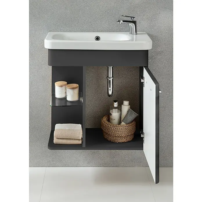 Camargue Faro Mini Badmöbel-Set - Gesamtbreite Badmöbel: 55 cm, Grafit, Glänzend, 3 -tlg. - Ein moderner Waschtischunterschrank in Grau mit offenem Fach und Tür, ideal für kleine Badezimmer und zur Aufbewahrung von Badutensilien.