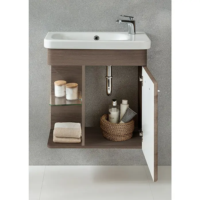 Camargue Faro Mini Badmöbel-Set - Gesamtbreite Badmöbel: 55 cm, Eiche Maron, 3 -tlg. - Modernes Badezimmer-Waschbecken mit offenem Unterschrank zur Aufbewahrung von Handtüchern und Kosmetikprodukten.