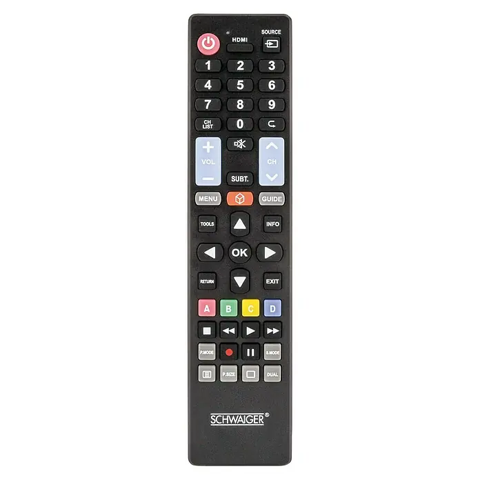 Schwaiger Fernbedienung - Schwarz, Passend für: TV-Geräte LG, Samsung, Sony, Panasonic, Philips - Nahaufnahme einer schwarzen TV-Fernbedienung der Marke Schwaiger mit verschiedenen Tasten für die Steuerung des Fernsehers.
