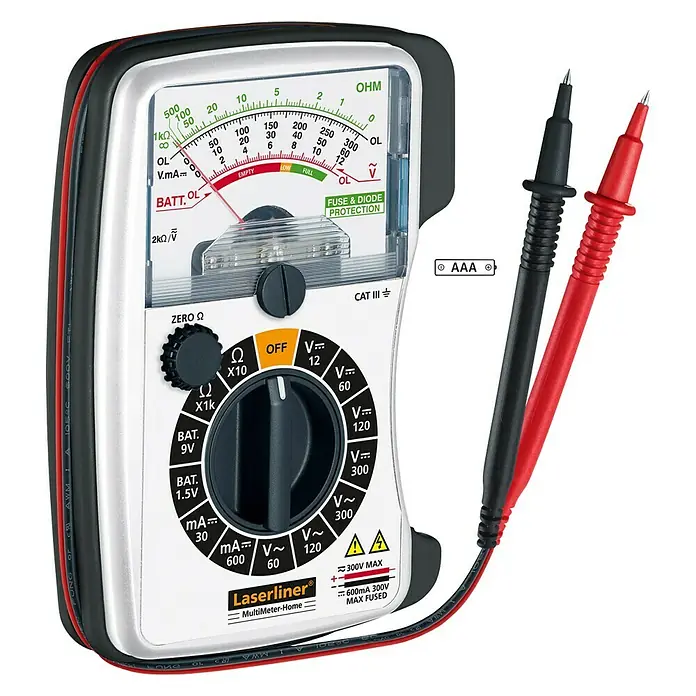 Laserliner Analog-Multimeter Home - 12 V - 300 V - Laserliner Multimeter-Home: Ein analoges Multimeter mit Drehschalter und Messleitungen für präzise Messungen im Haushalt.