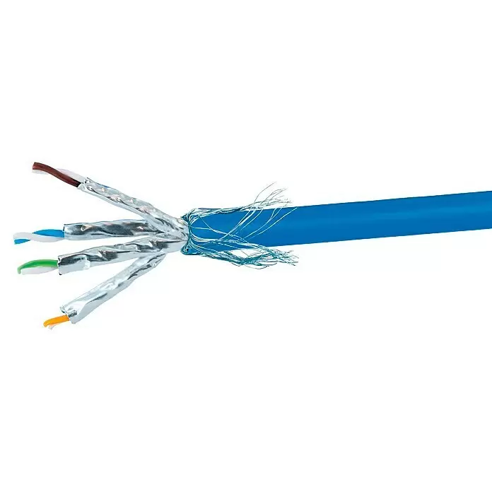 Schwaiger Netzwerkleitung CAT 8.1 S/FTP - Länge: 25 m, Blau, Bis zu 40 Gbit/s - Blaues Netzwerkkabel, abisoliert, um einzeln geschirmte Adernpaare und Geflechtschirmung zu zeigen.