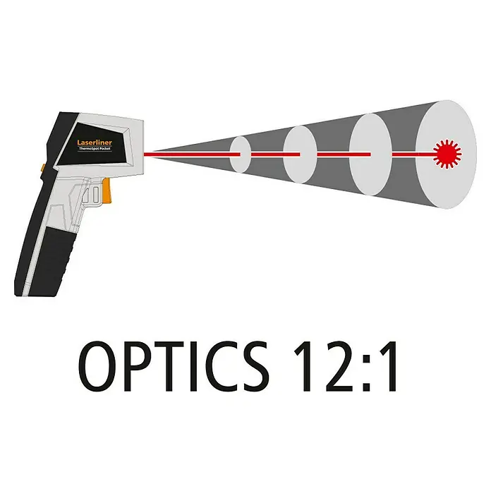Laserliner Temperaturmessgerät ThermoSpot Pocket - -40 °C - 400 °C - Abbildung eines Laserliner ThermoSpot Pocket Infrarot-Thermometers mit einem Laserstrahl, der die Optik 12:1 demonstriert.