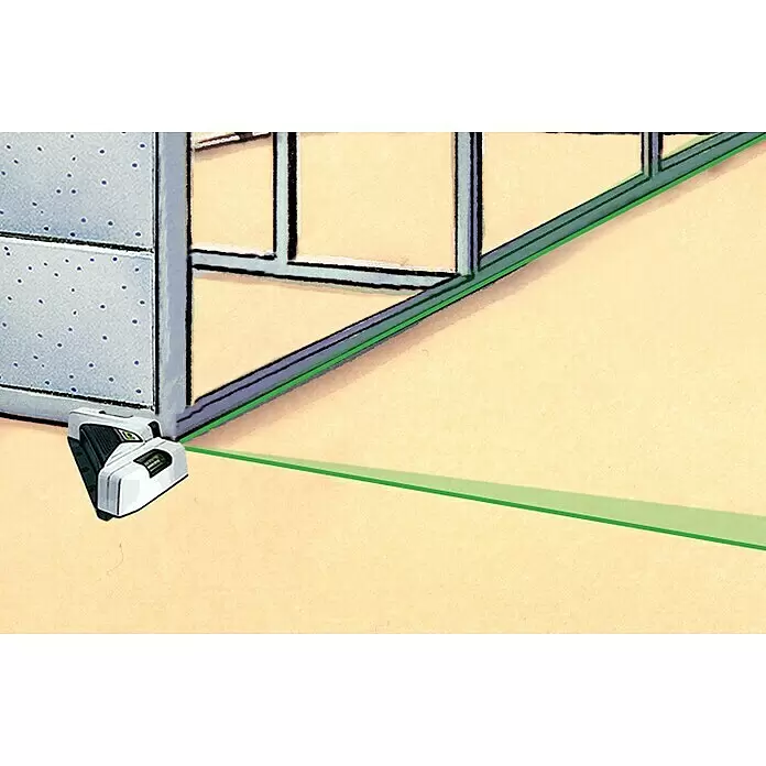 Laserliner Linienlaser SuperSquare 2G - Max. Arbeitsbereich: 40 m, Messgenauigkeit: 0,5 mm/m - Kompaktes weiß-schwarzes Laser-Nivelliergerät projiziert eine leuchtend grüne Linie auf einen hellen Boden, ausgerichtet an einem Metallwandrahmen.