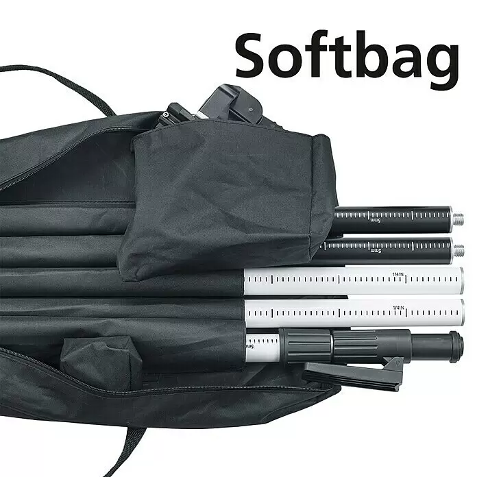 Laserliner Teleskopstange TelePod Plus - Aluminium - Schwarze Softtasche mit weißen und schwarzen Stangen mit Messmarkierungen, einer Klemme und einem Kamerazubehör.