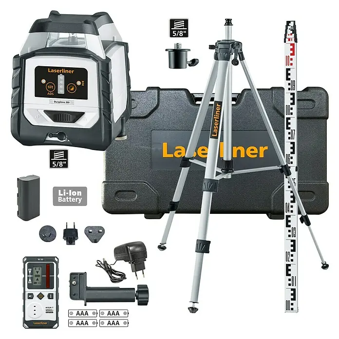 Laserliner Linienlaser Duraplane 360 - Messbereich: 0,15 - 40 m - Das Laserliner Duraplane 360 Set mit Stativ und Zubehör für präzises Nivellieren im Innen- und Außenbereich.