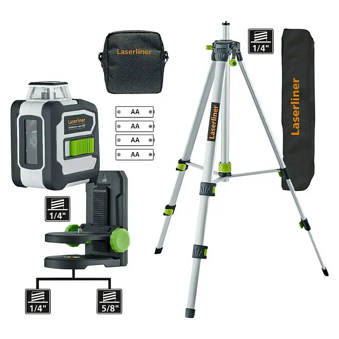 Laserliner Linienlaser CompactLine-Laser G360 Set - Max. Arbeitsbereich: 30 m - Laserliner-Set mit Kreuzlinienlaser, Stativ, Halterung, Batterien und Tasche für präzise Nivellierung und Ausrichtung bei Bauprojekten.