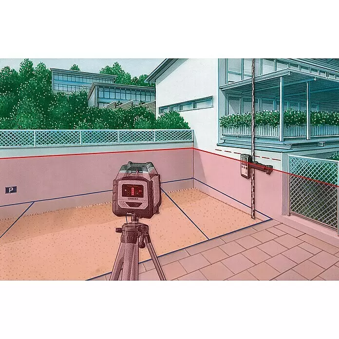 Laserliner Linienlaser Duraplane 360 - Messbereich: 0,15 - 40 m - Ein Laserliner Rotationslaser auf Stativ projiziert rote Linien an Wand und Boden, mit Detektor an Messlatte. Für präzises Nivellieren im Freien.
