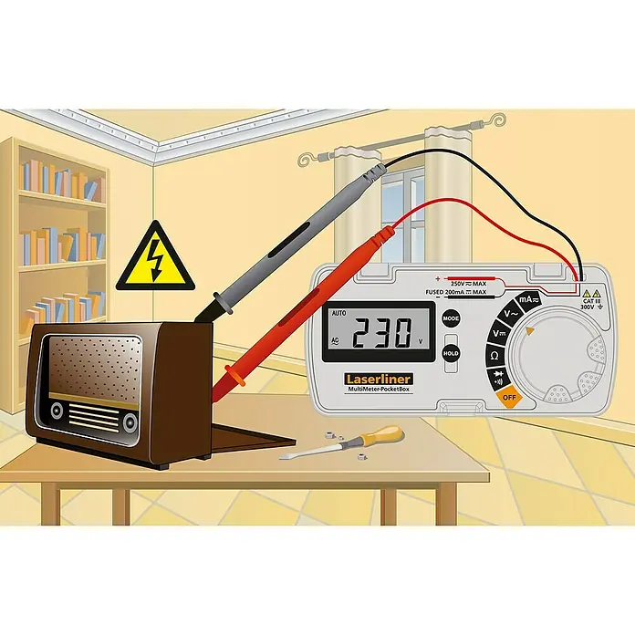 Laserliner Digital-Multimeter MultiMeter PocketBox - Messbereich: 50 - 60 Hz - Darstellung eines Laseliner MultiMeter-PocketBox-Geräts, das an ein Radio angeschlossen ist, um die Spannung zu messen, mit Schraubendreher.