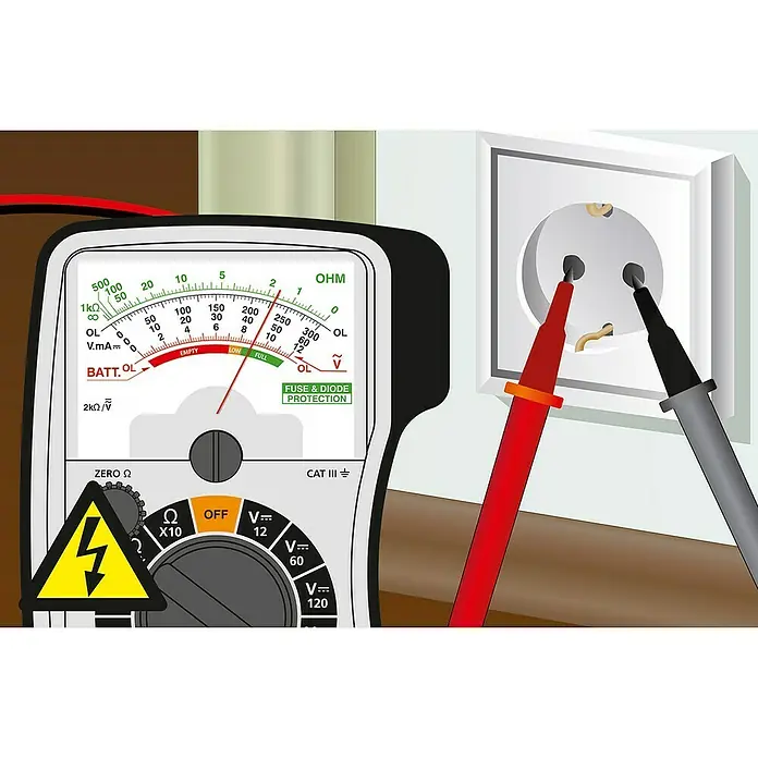 Laserliner Analog-Multimeter Home - 12 V - 300 V - Nahaufnahme eines analogen Multimeters mit Messspitzen in einer Steckdose, das Spannung misst und elektrische Sicherheit demonstriert.