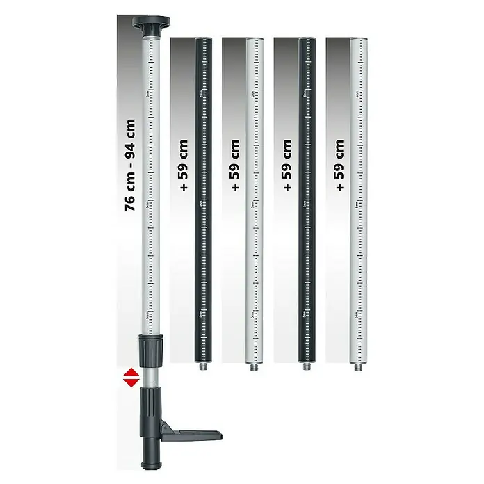 Laserliner Teleskopstange TelePod Plus - Aluminium - Bild eines Nivellierstabes, ausziehbar von 76 cm bis 94 cm, mit zusätzlichen Verlängerungen von je 59 cm in Schwarz und Silber.