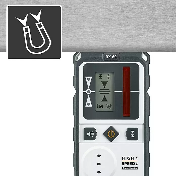 Laserliner Linienlaser Duraplane 360 - Messbereich: 0,15 - 40 m - Magnetischer Laserempfänger (RX 60) mit Display und Tasten, an einem Metallträger befestigt.