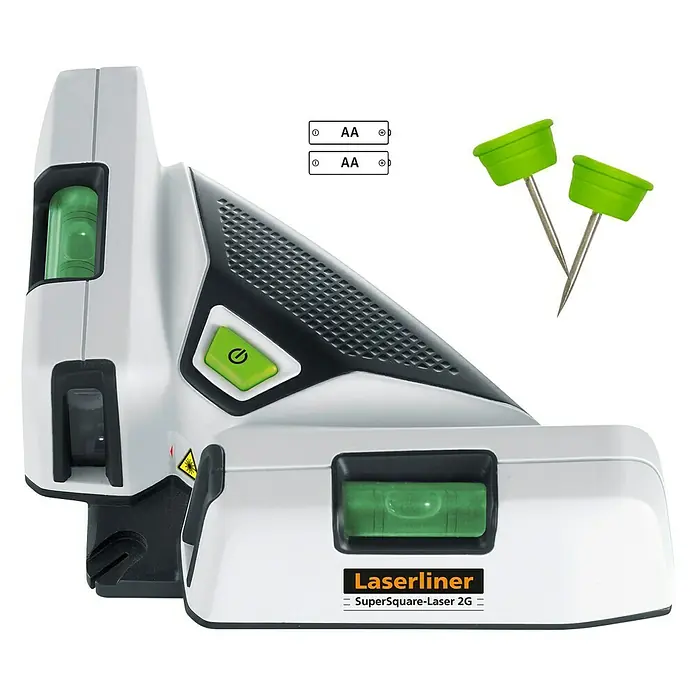 Laserliner Linienlaser SuperSquare 2GMax. Arbeitsbereich: 40 m, Messgenauigkeit: 0,5 mm/m - Laserliner SuperSquare-Laser 2G im Detail, inklusive Batterien und Befestigungsstifte für präzise Messungen und Ausrichtungen.