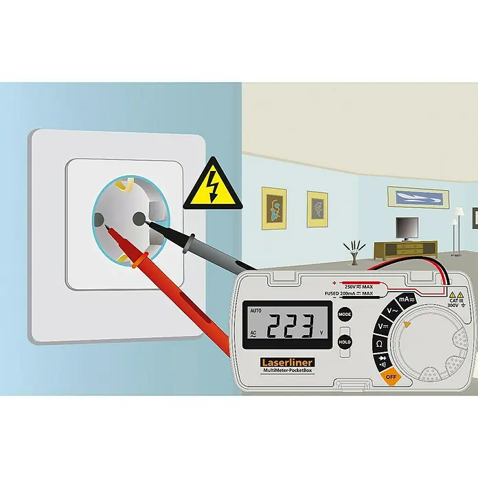 Laserliner Digital-Multimeter MultiMeter PocketBox - Messbereich: 50 - 60 Hz - Illustration eines Lasliner Multimeter-Pocketbox Messgeräts beim Messen einer Steckdose, das 223V anzeigt.